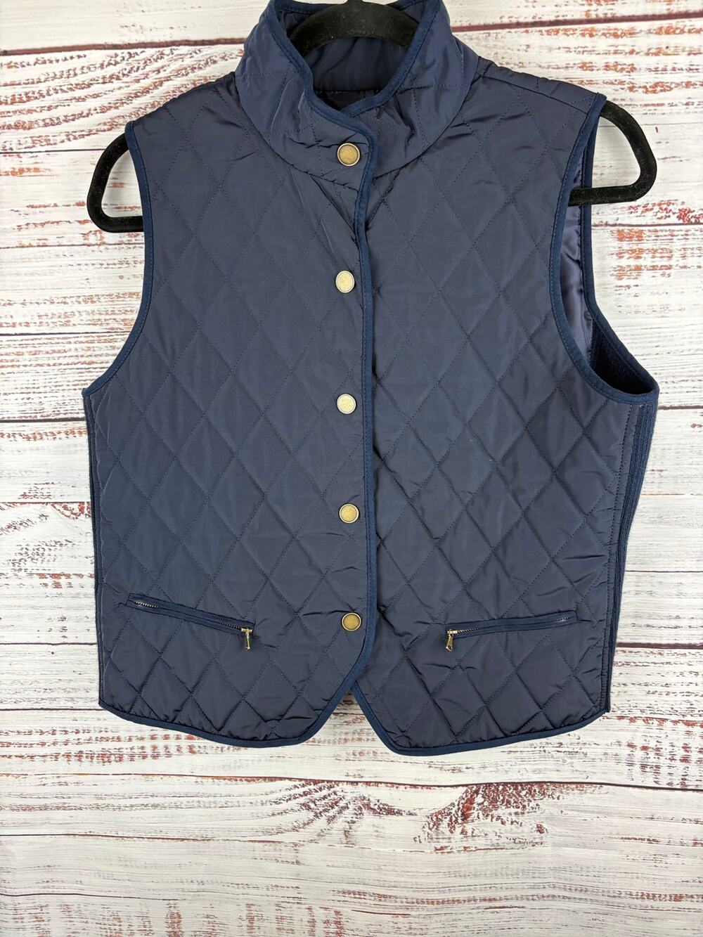Talbots Petites Navy Blue Quilted Vest Snap Front Casual Pockets Womens Sz M PET